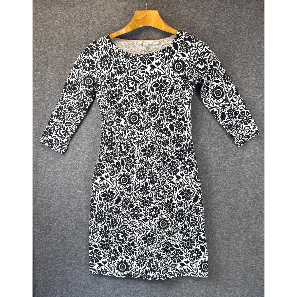 Boden Sheath Dress‎ Womens 2 Petite Black & White Floral 3/4 Sleeve Pockets Chic